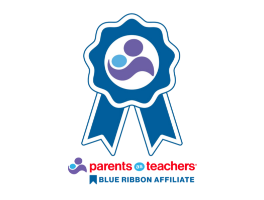 Blue ribbon emblem with Parents as Teachers logo and text: "parents as teachers" and "BLUE RIBBON AFFILIATE"