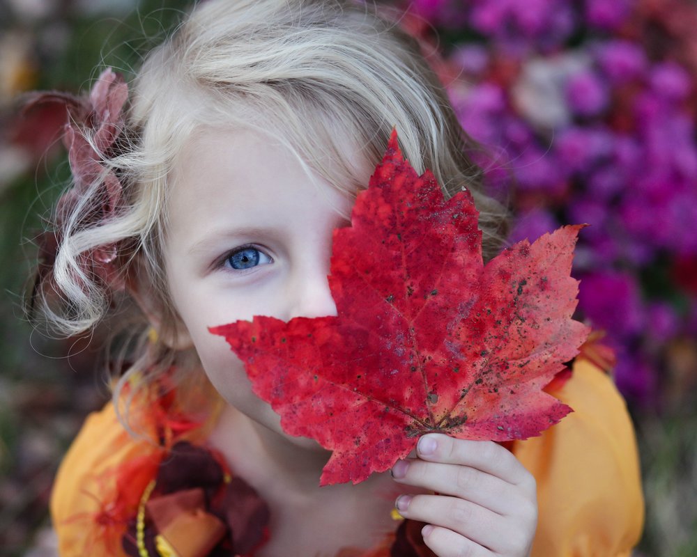 Small girl covering her face with leaf