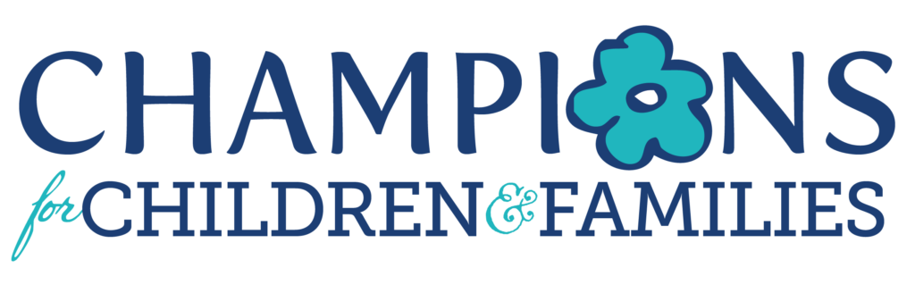 Champions for Children logo with flower and navy and aqua lettering