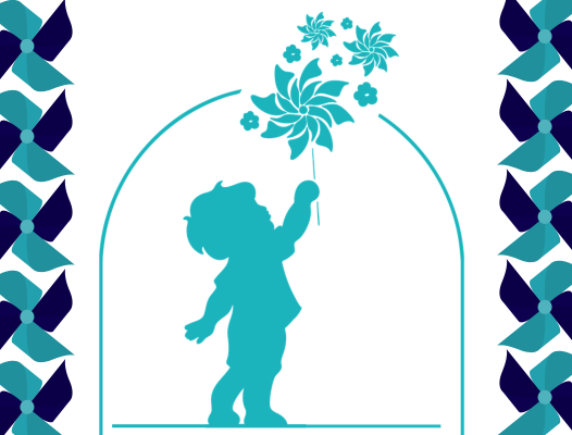 Child silhouette reaching up holding floral pinwheel