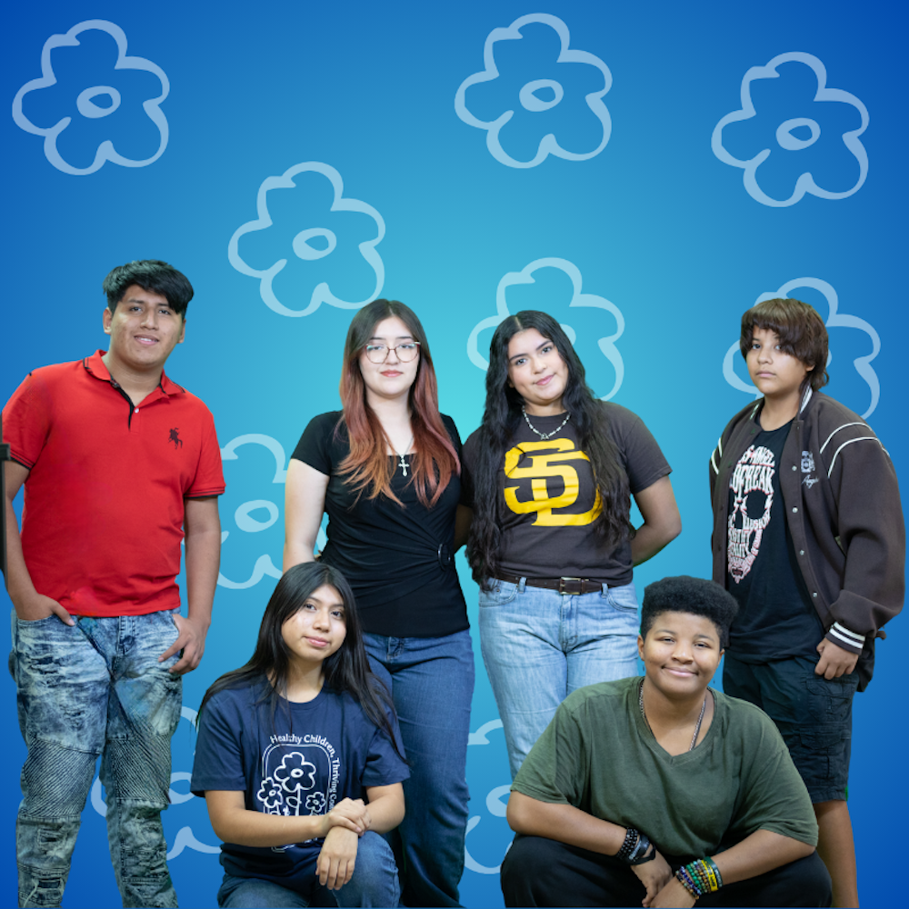 Six youth leaders against blue floral backdrop