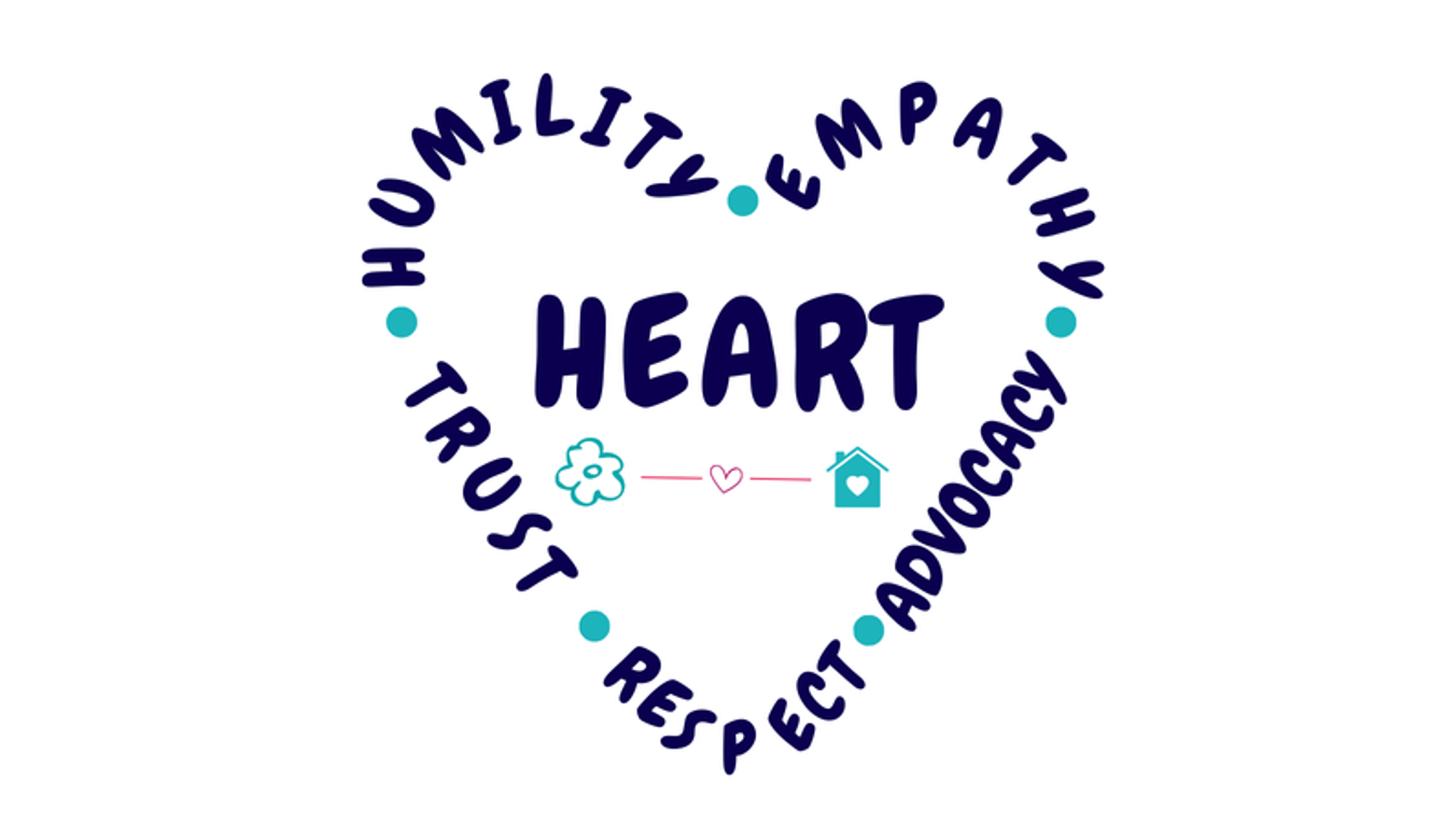 Heart-shaped word circle with the words HUMILITY , EMPATHY, TRUST, RESPECT, ADVOCACY around "HEART"