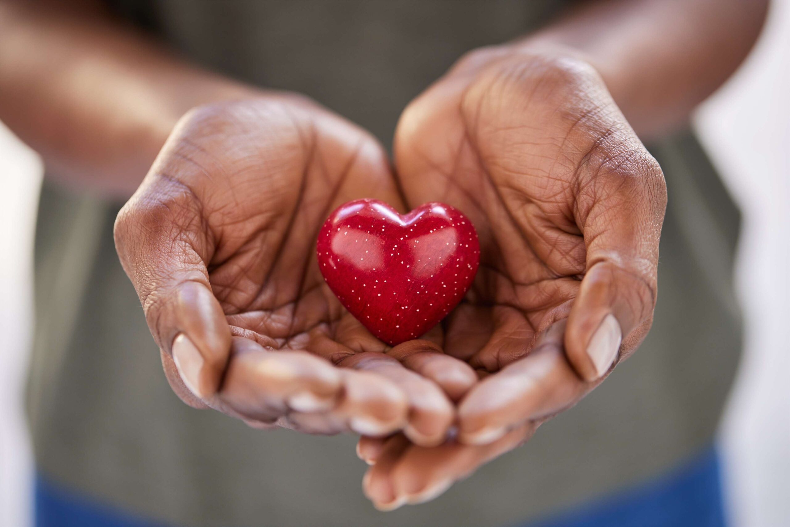 Cupped hands holding a small red speckled heart